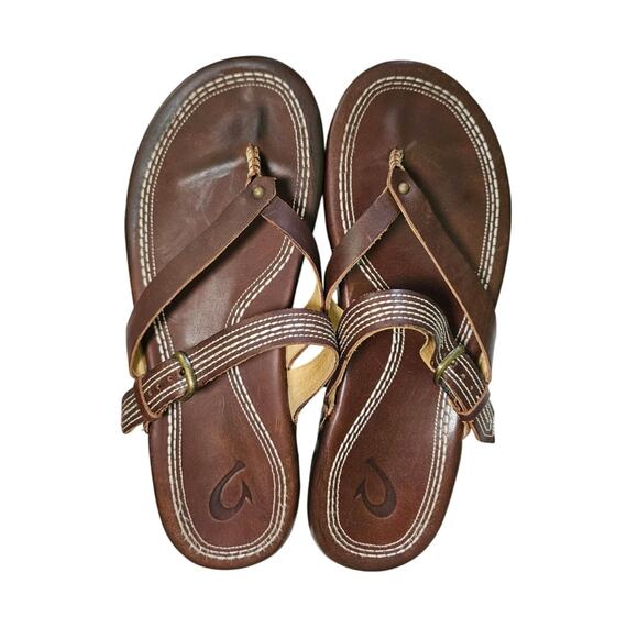 OluKai Brown Leather Thong Sandals Beach Hawaii Boho  8 - Picture 2 of 10